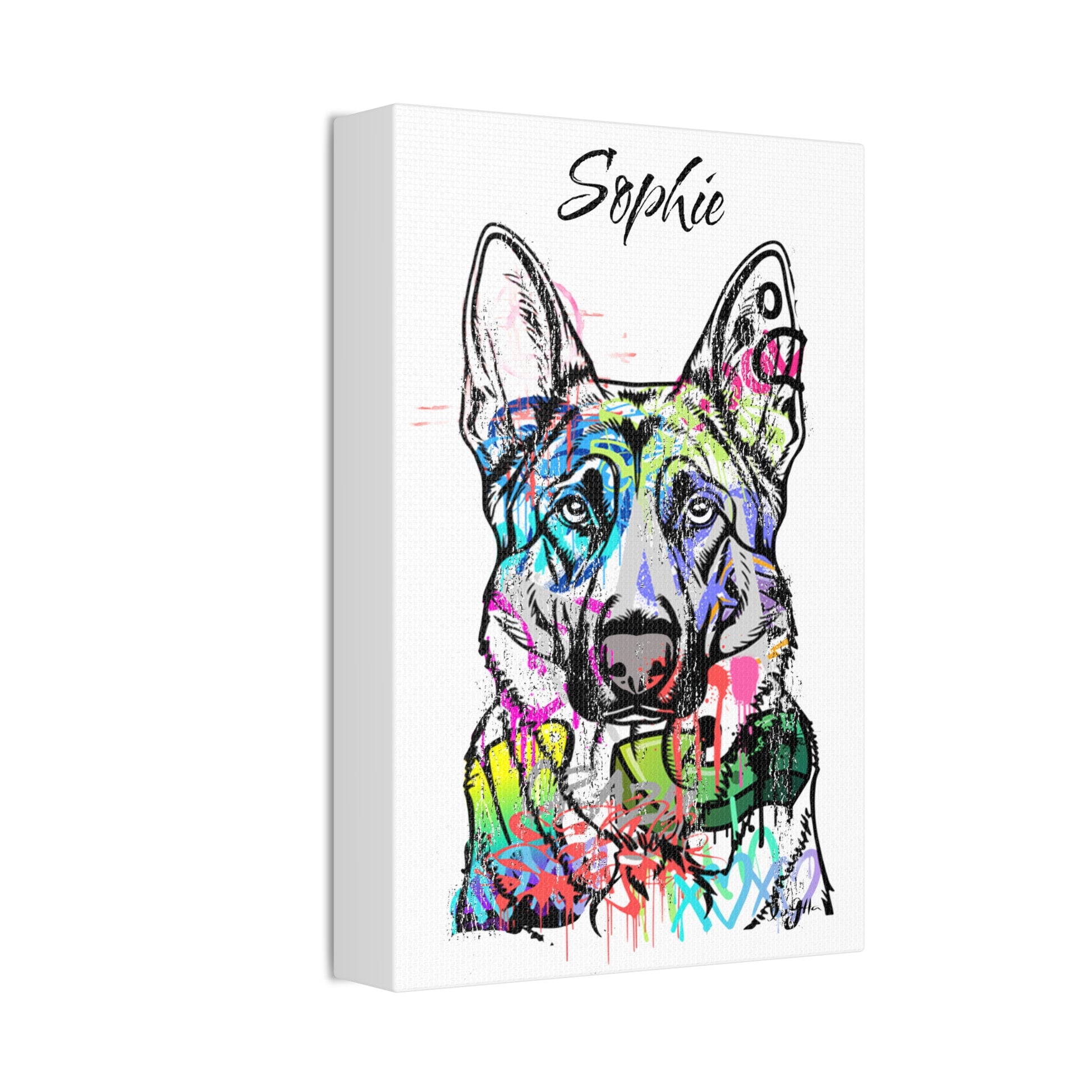 German Shepherd graffiti art on urban wall, showcasing vibrant street style and canine-themed mural design.