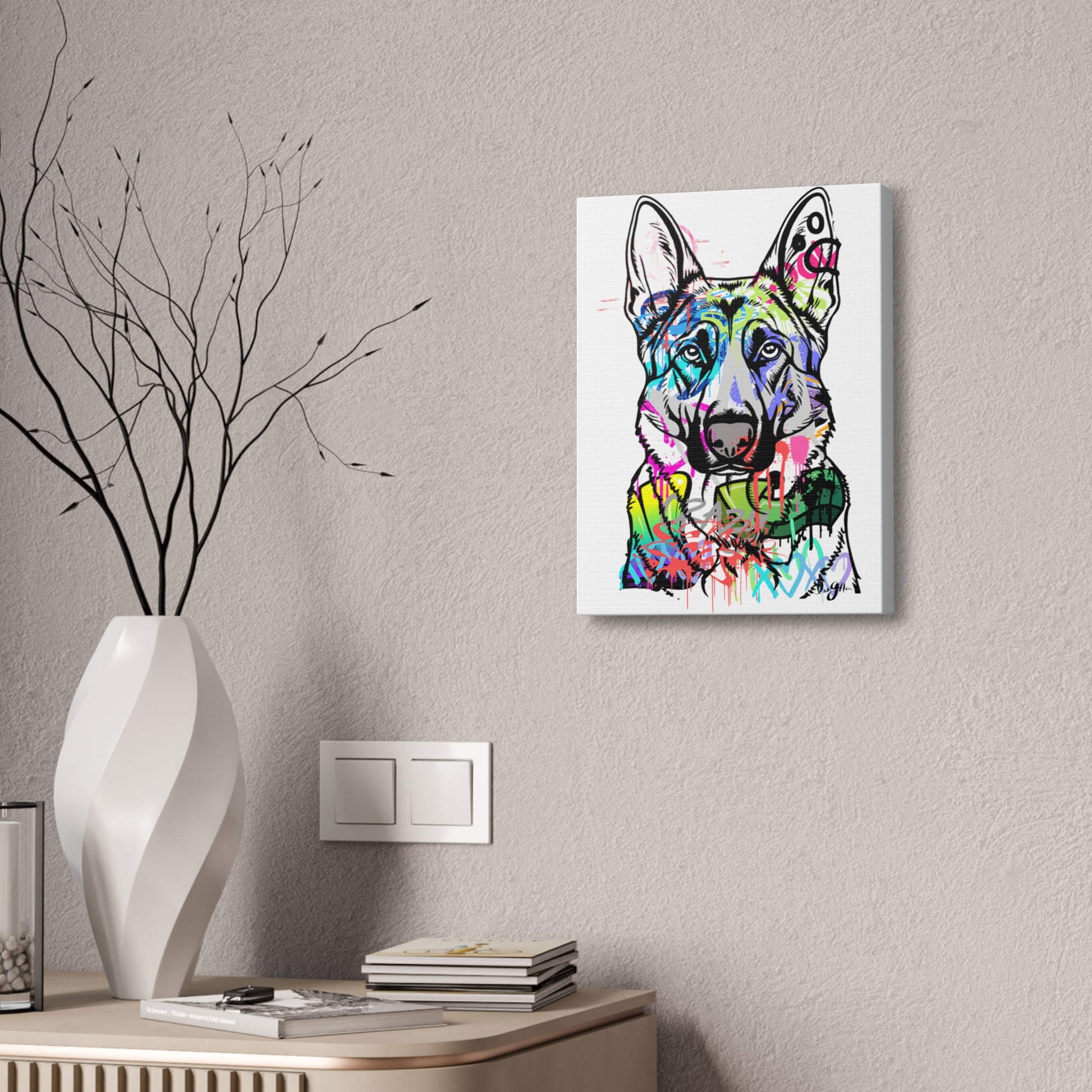 German Shepherd silhouette against colorful graffiti wall, showcasing urban street art and dog breed excellence
