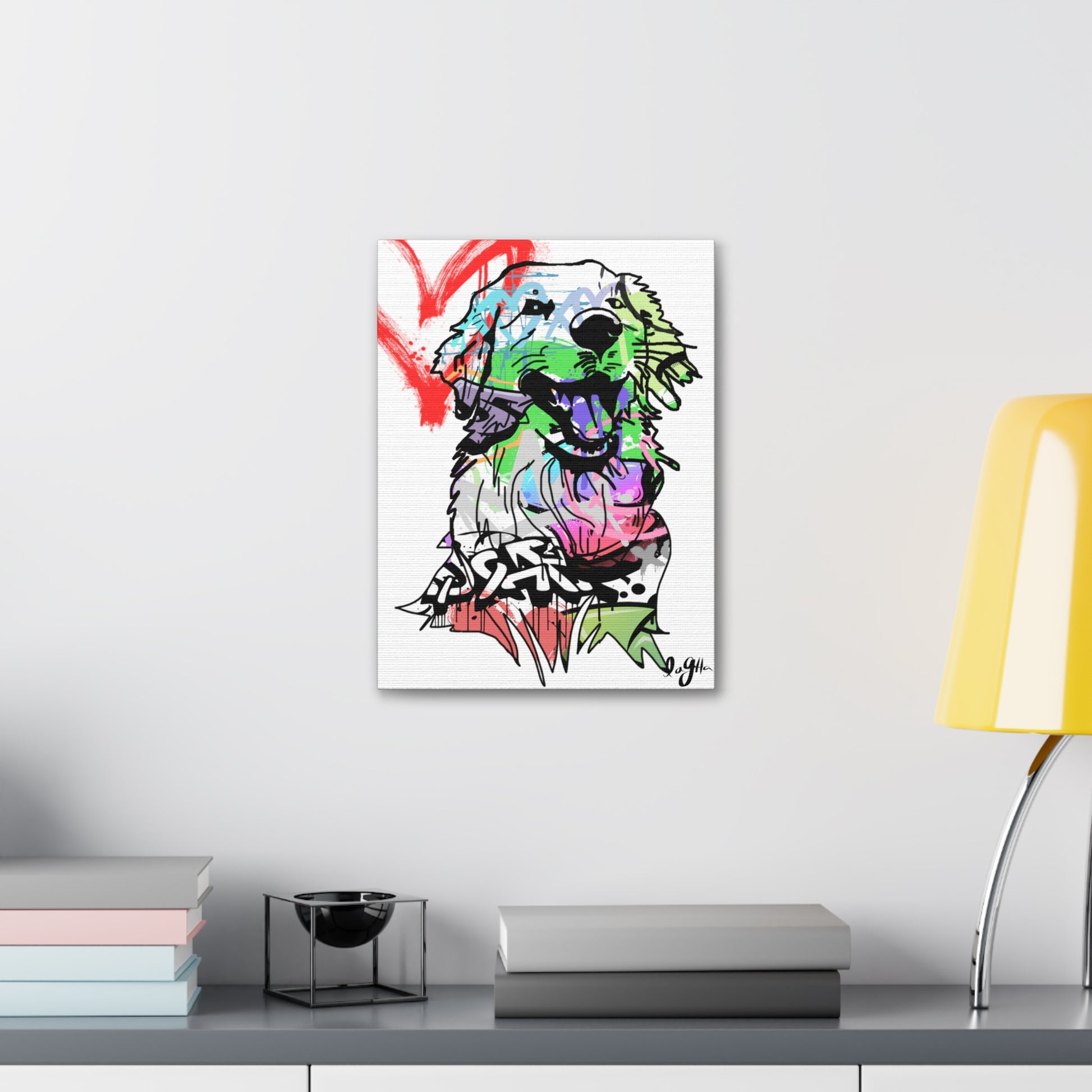 Golden Retriever depicted in vibrant graffiti art, showcasing urban creativity and the beloved dog breed.
