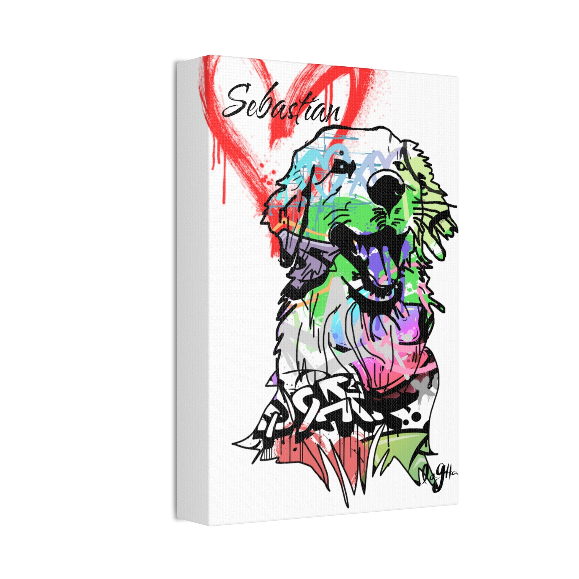 Golden Retriever depicted on vibrant graffiti canvas art, showcasing unique street-style creativity and pet portraiture.