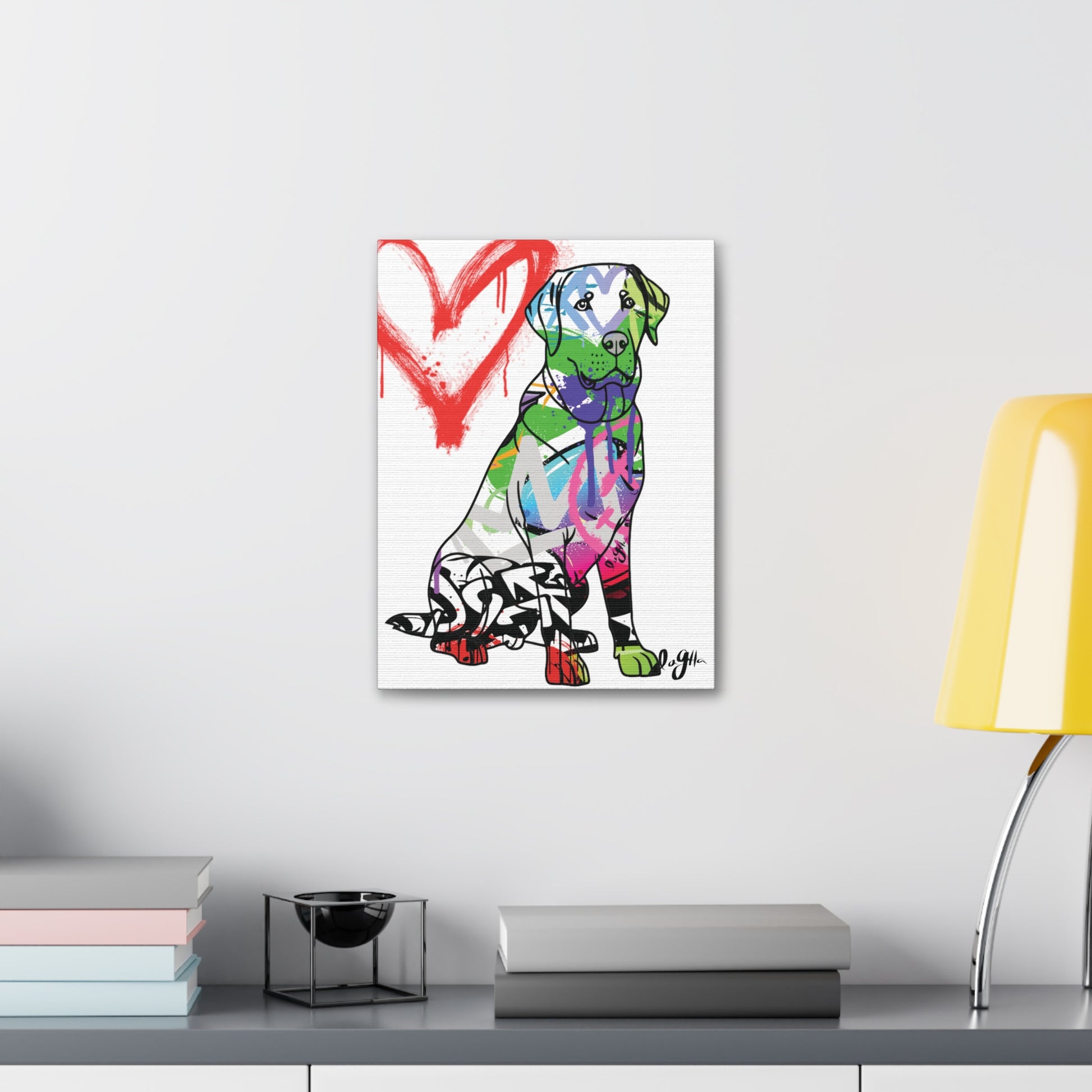 American Labrador depicted on vibrant graffiti canvas art, blending urban culture with classic canine imagery
