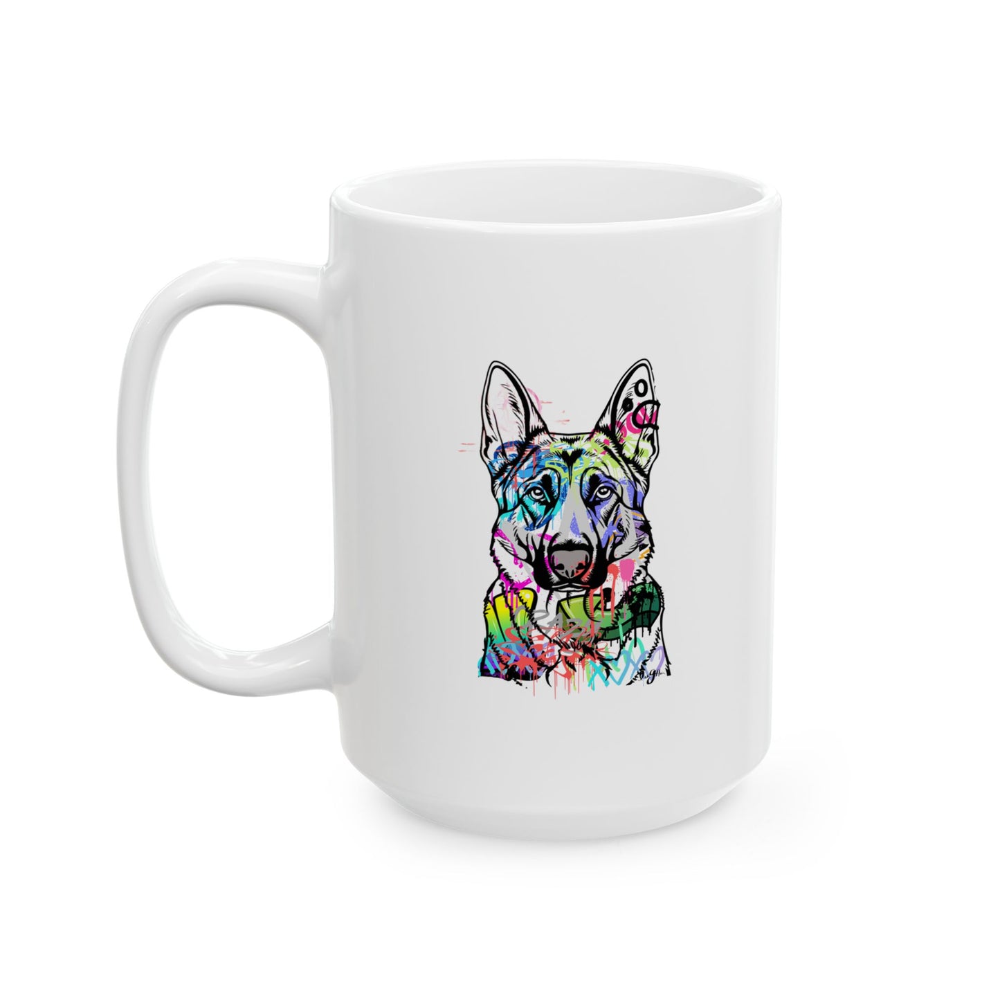 Graffiti art featuring a detailed German Shepherd in an urban street setting, showcasing vibrant colors and dynamic design.