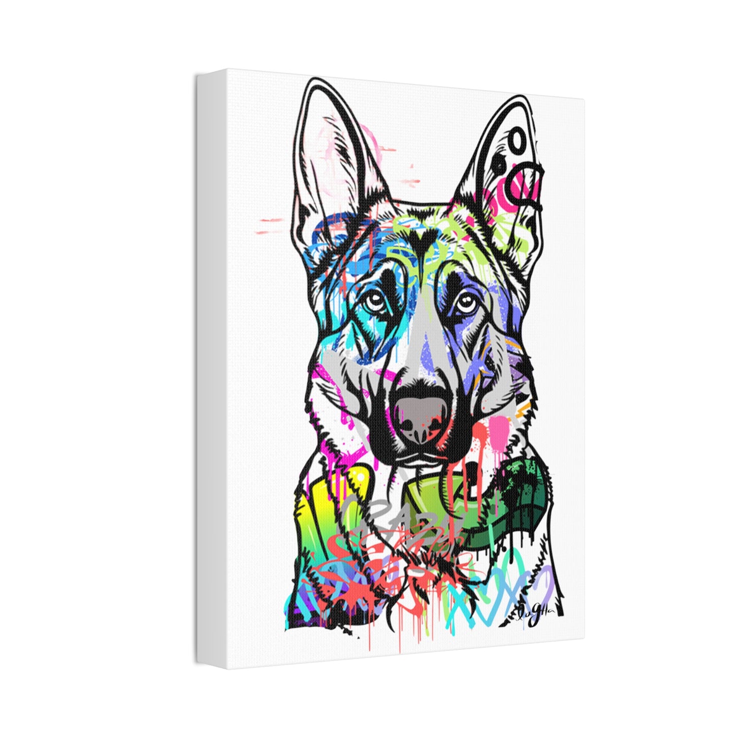 German Shepherd silhouette against colorful graffiti wall, showcasing urban street art and dog breed excellence