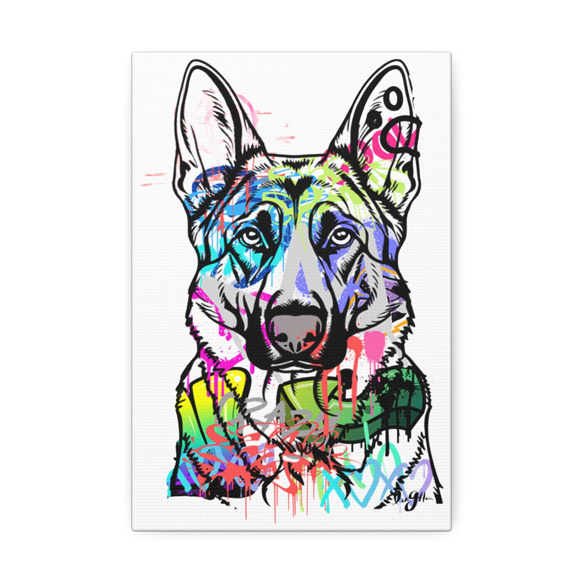 German Shepherd silhouette against colorful graffiti wall, showcasing urban street art and dog breed excellence
