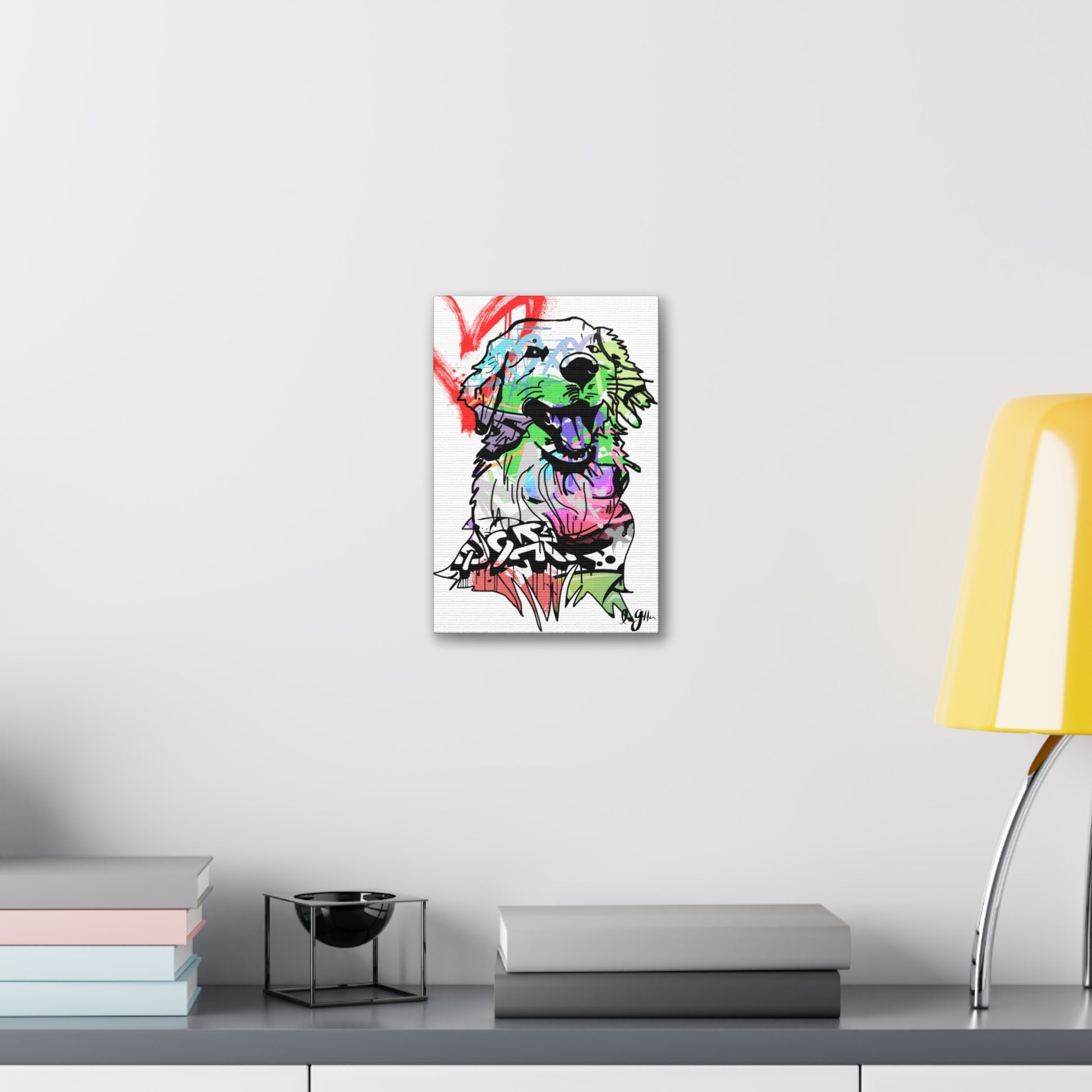 Golden Retriever depicted in vibrant graffiti art, showcasing urban creativity and the beloved dog breed.