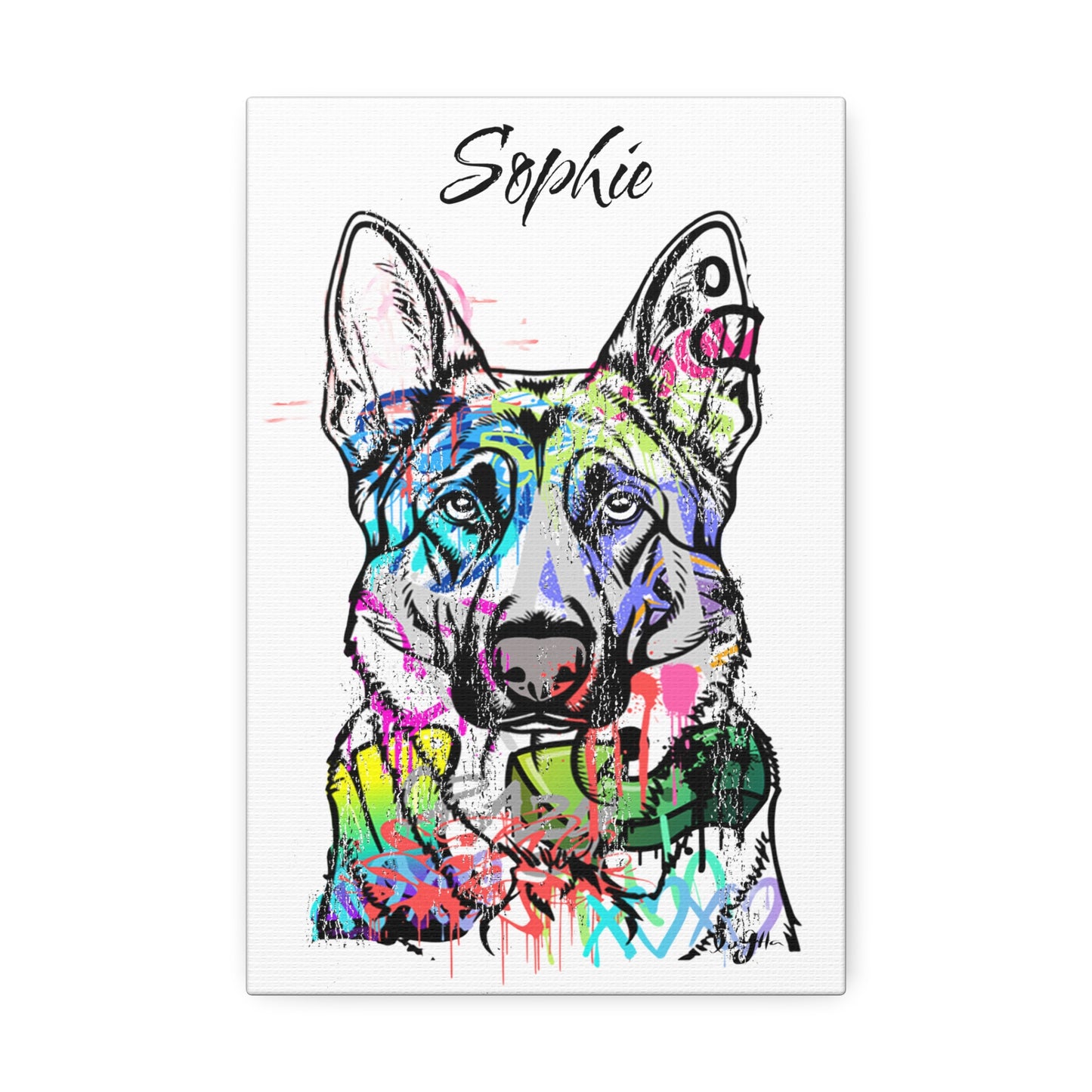 German Shepherd graffiti art on urban wall, showcasing vibrant street style and canine-themed mural design.