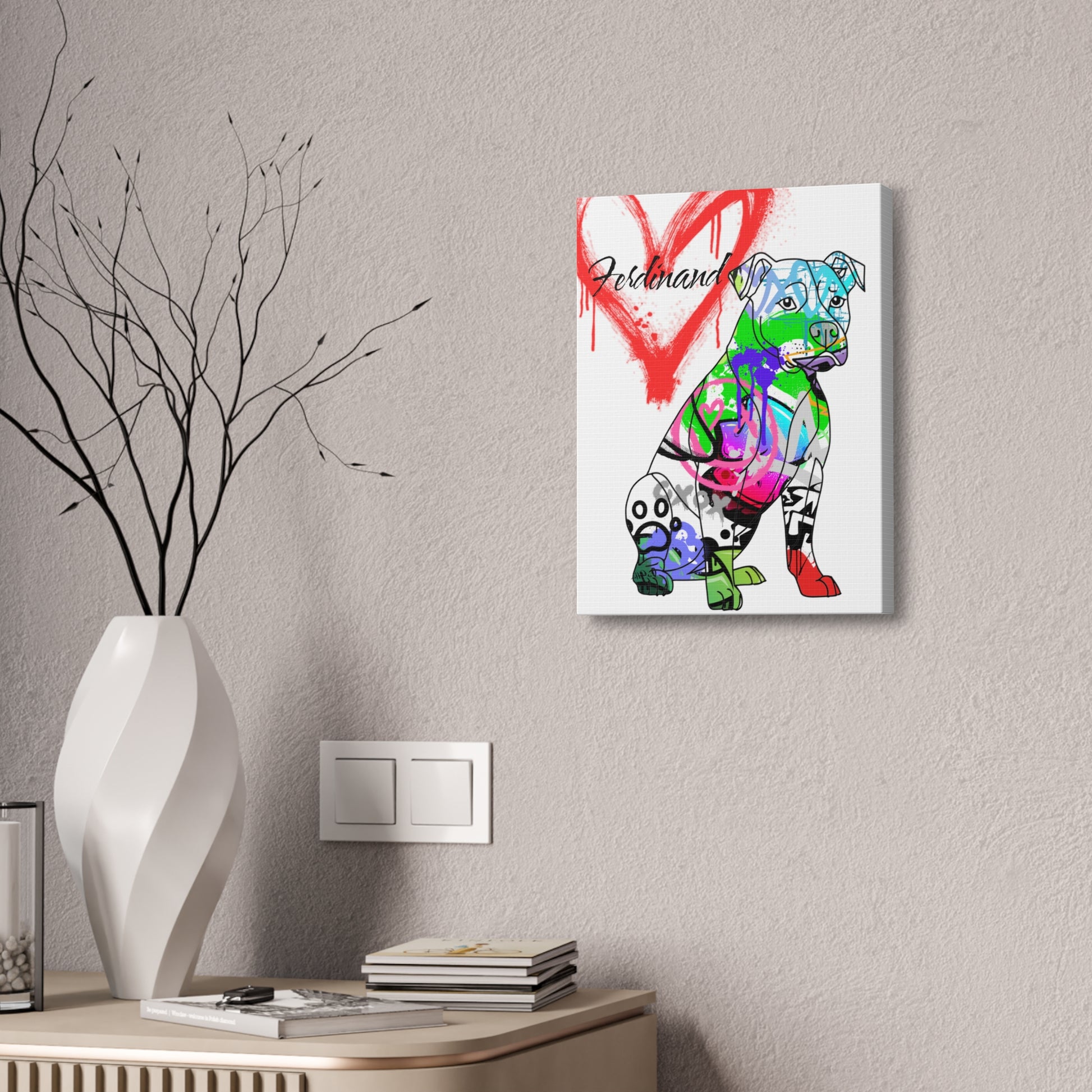 Custom graffiti artwork featuring a Pitbull canvas, perfect for personalized home decor or gifts.