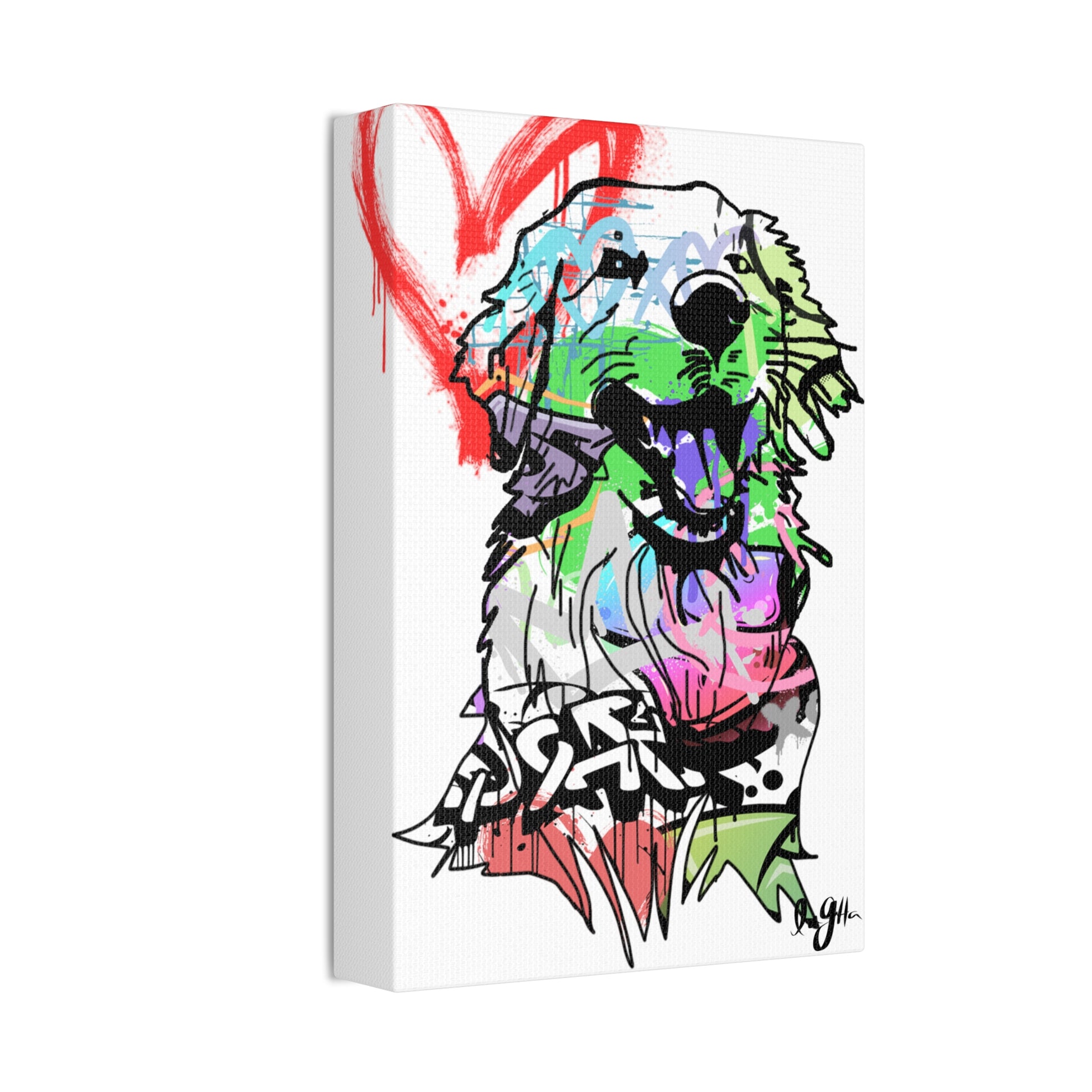 Golden Retriever depicted in vibrant graffiti art, showcasing urban creativity and the beloved dog breed.