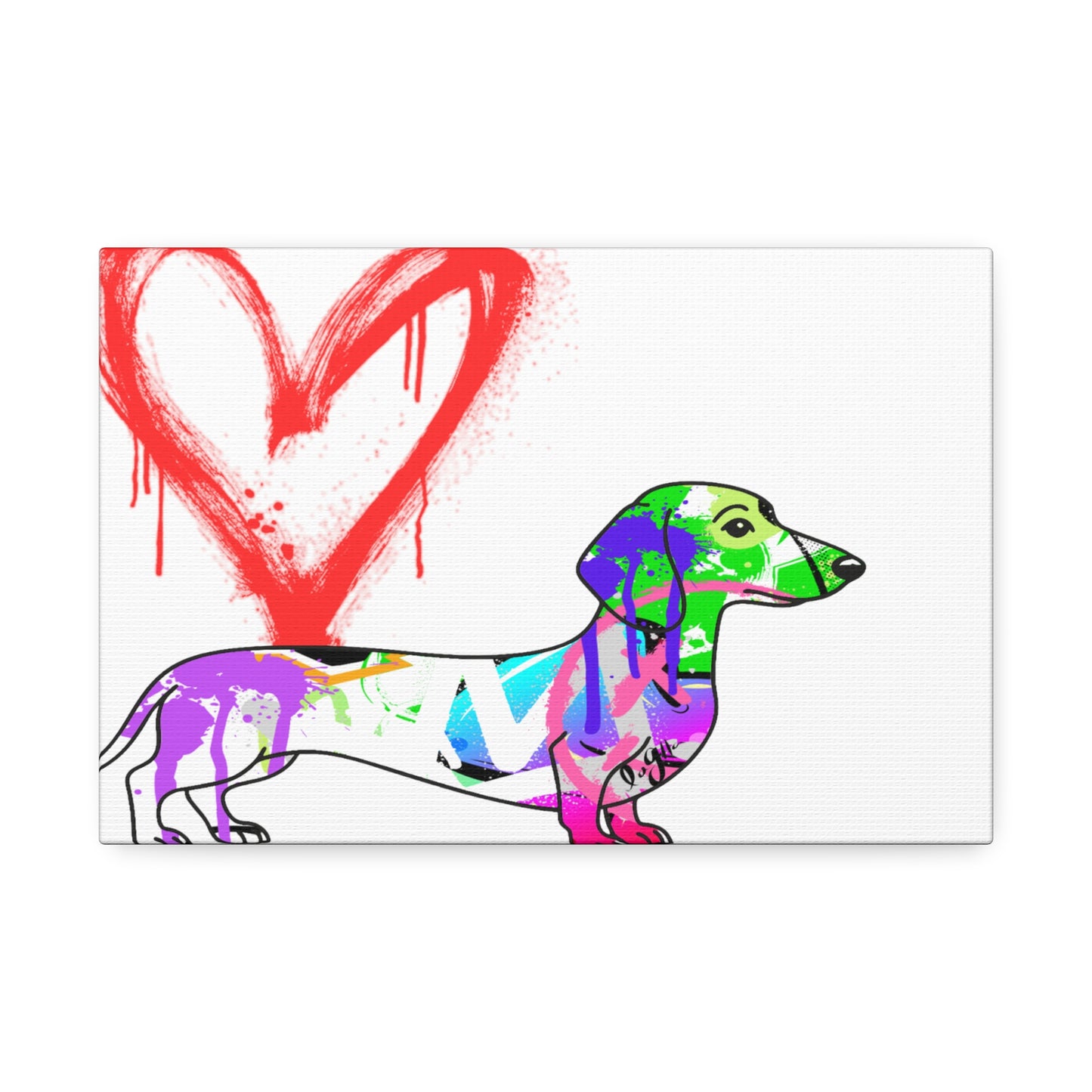 Dachshund silhouette painted in vibrant graffiti style on urban wall, showcasing unique street art culture