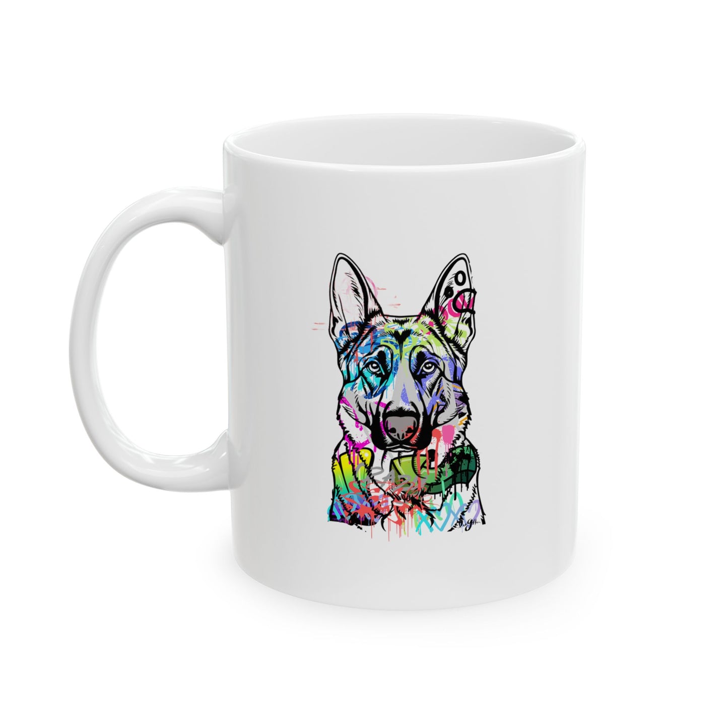 Graffiti art featuring a detailed German Shepherd in an urban street setting, showcasing vibrant colors and dynamic design.