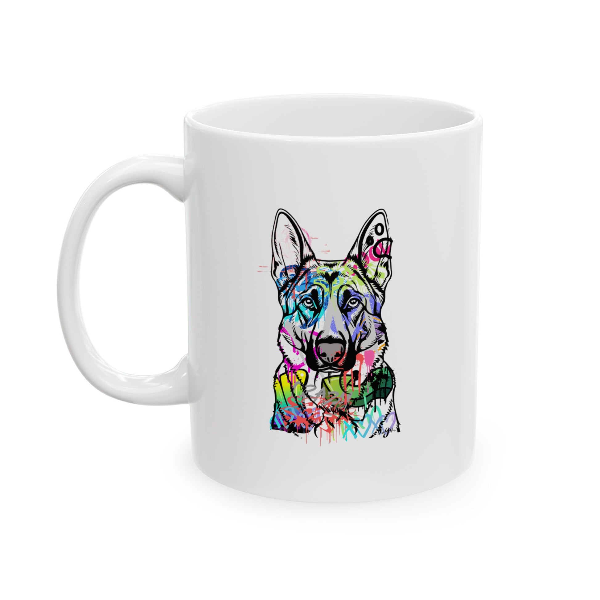 Graffiti art featuring a detailed German Shepherd in an urban street setting, showcasing vibrant colors and dynamic design.