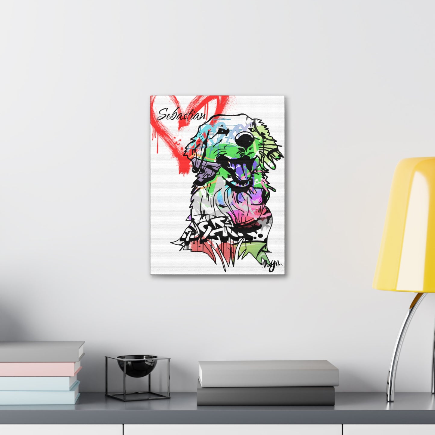 Golden Retriever depicted on vibrant graffiti canvas art, showcasing unique street-style creativity and pet portraiture.