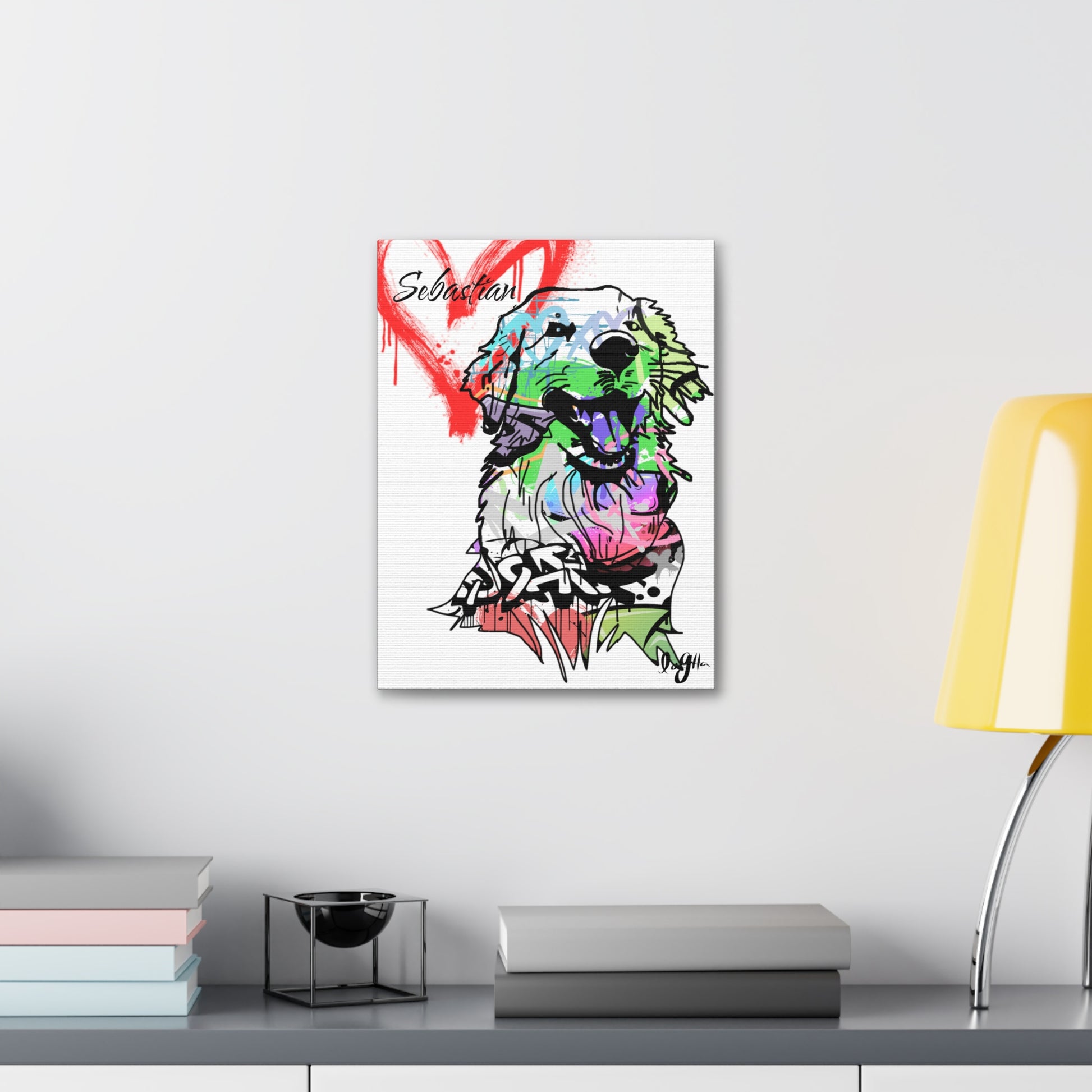 Golden Retriever depicted on vibrant graffiti canvas art, showcasing unique street-style creativity and pet portraiture.