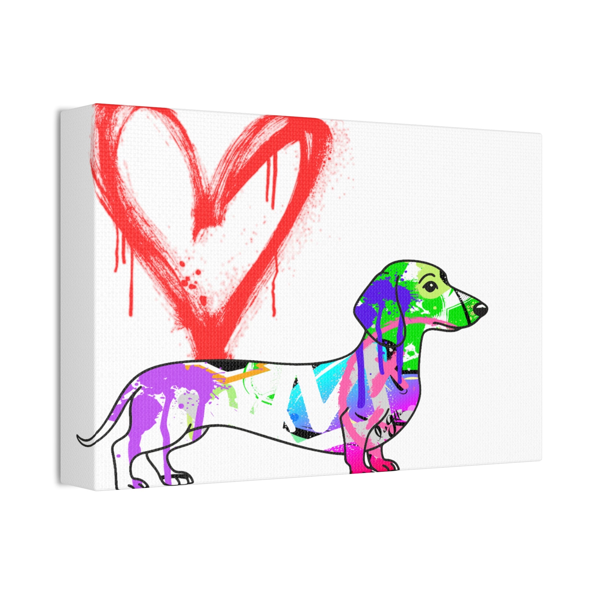 Dachshund silhouette painted in vibrant graffiti style on urban wall, showcasing unique street art culture