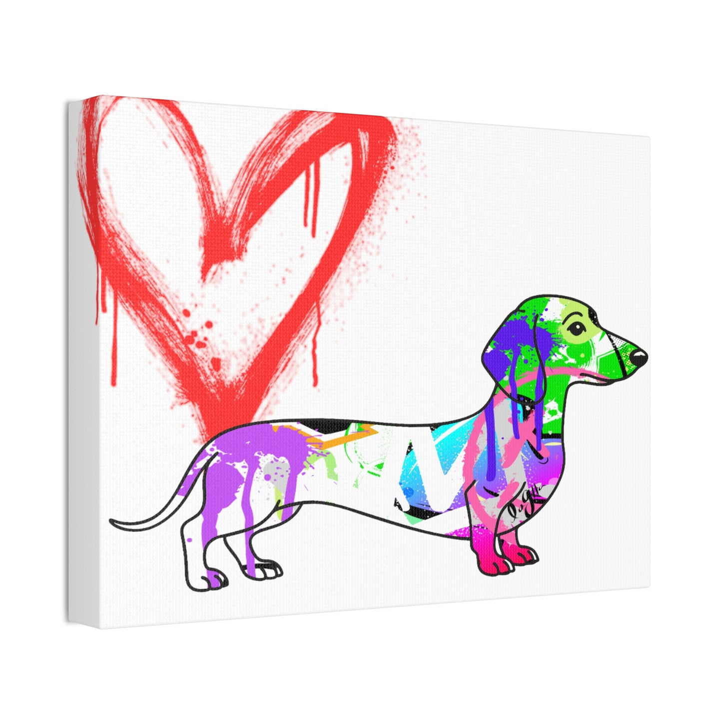 Dachshund silhouette painted in vibrant graffiti style on urban wall, showcasing unique street art culture