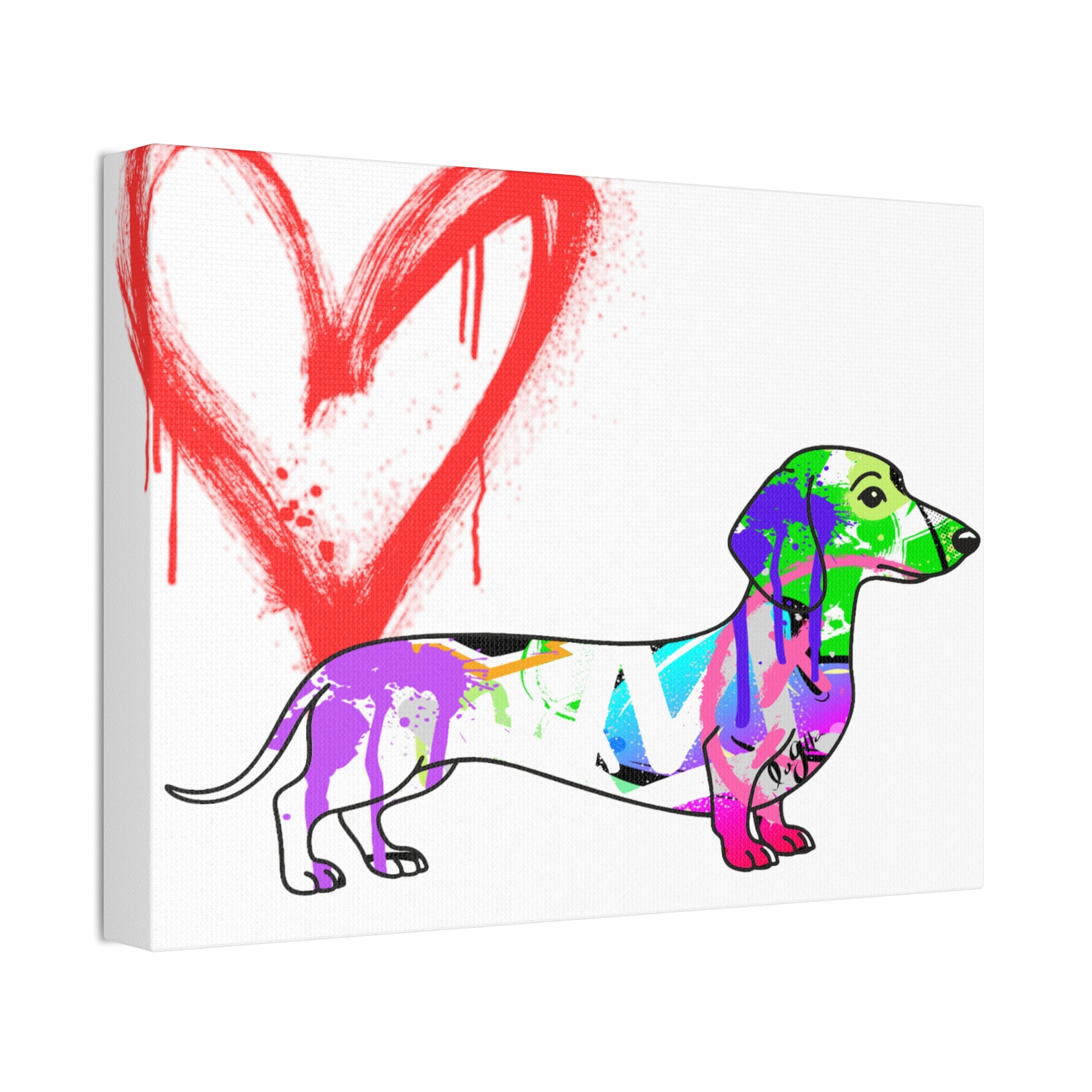 Dachshund silhouette painted in vibrant graffiti style on urban wall, showcasing unique street art culture