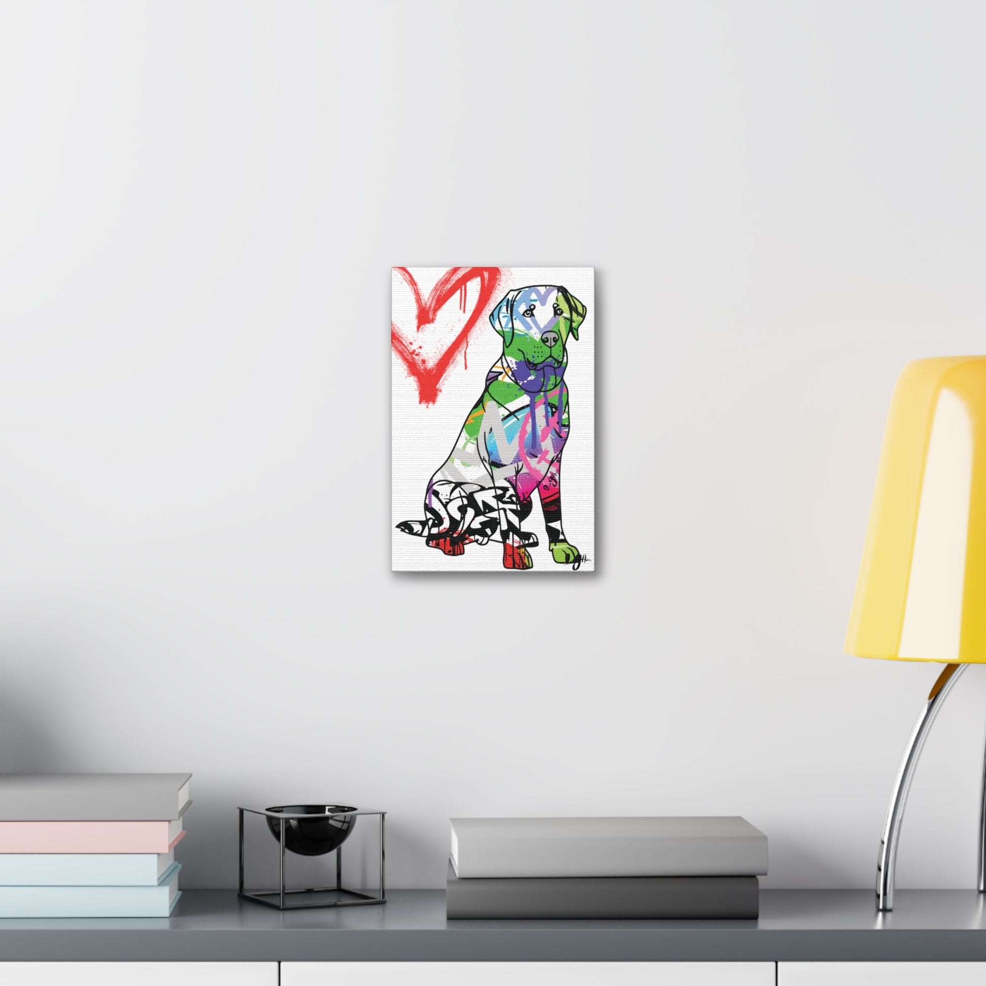American Labrador depicted on vibrant graffiti canvas art, blending urban culture with classic canine imagery