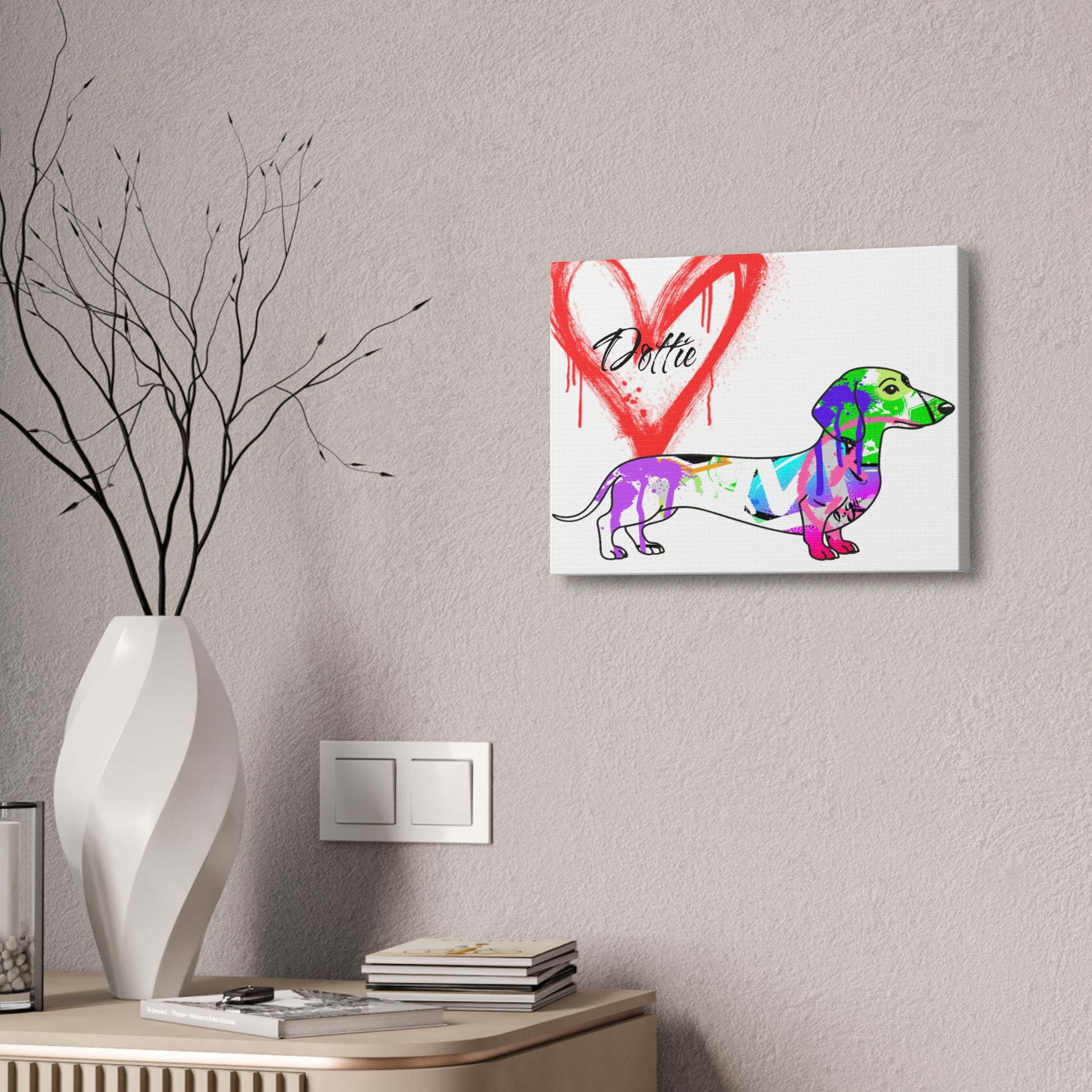Dachshund silhouette with colorful graffiti background symbolizing urban pet culture art