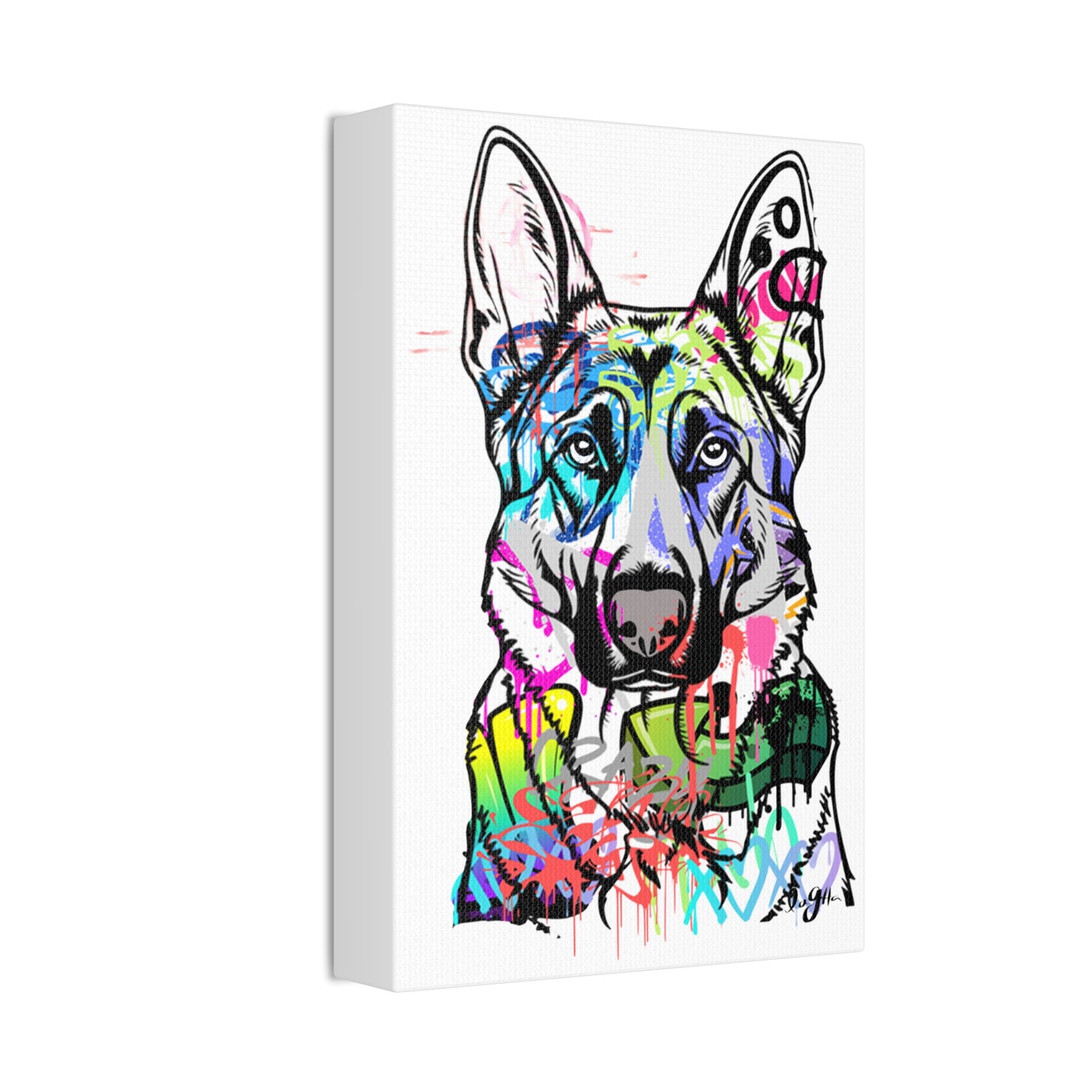 German Shepherd silhouette against colorful graffiti wall, showcasing urban street art and dog breed excellence