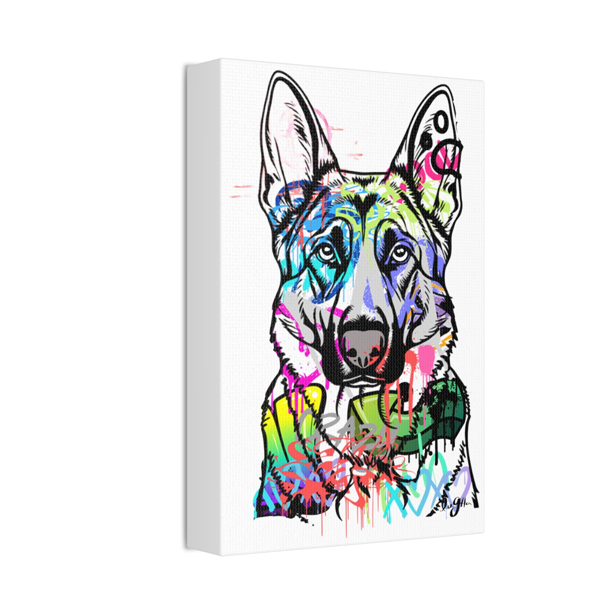 German Shepherd silhouette against colorful graffiti wall, showcasing urban street art and dog breed excellence