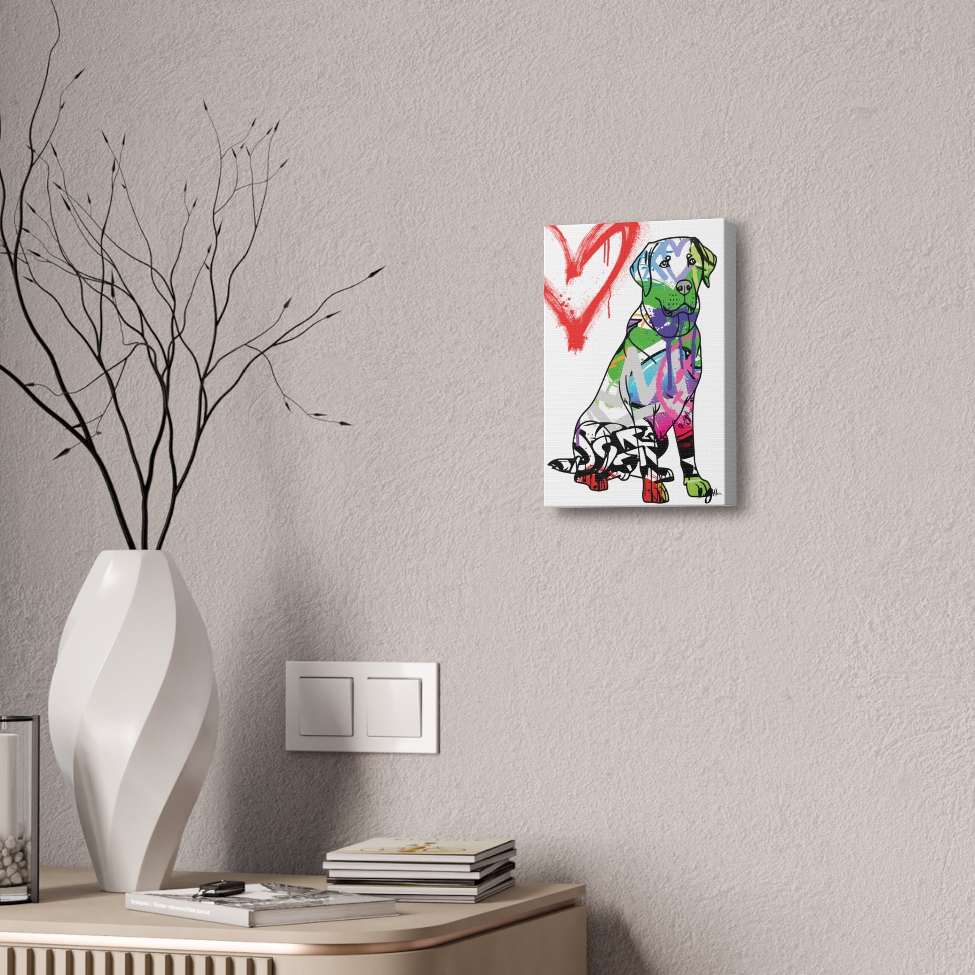 American Labrador depicted on vibrant graffiti canvas art, blending urban culture with classic canine imagery
