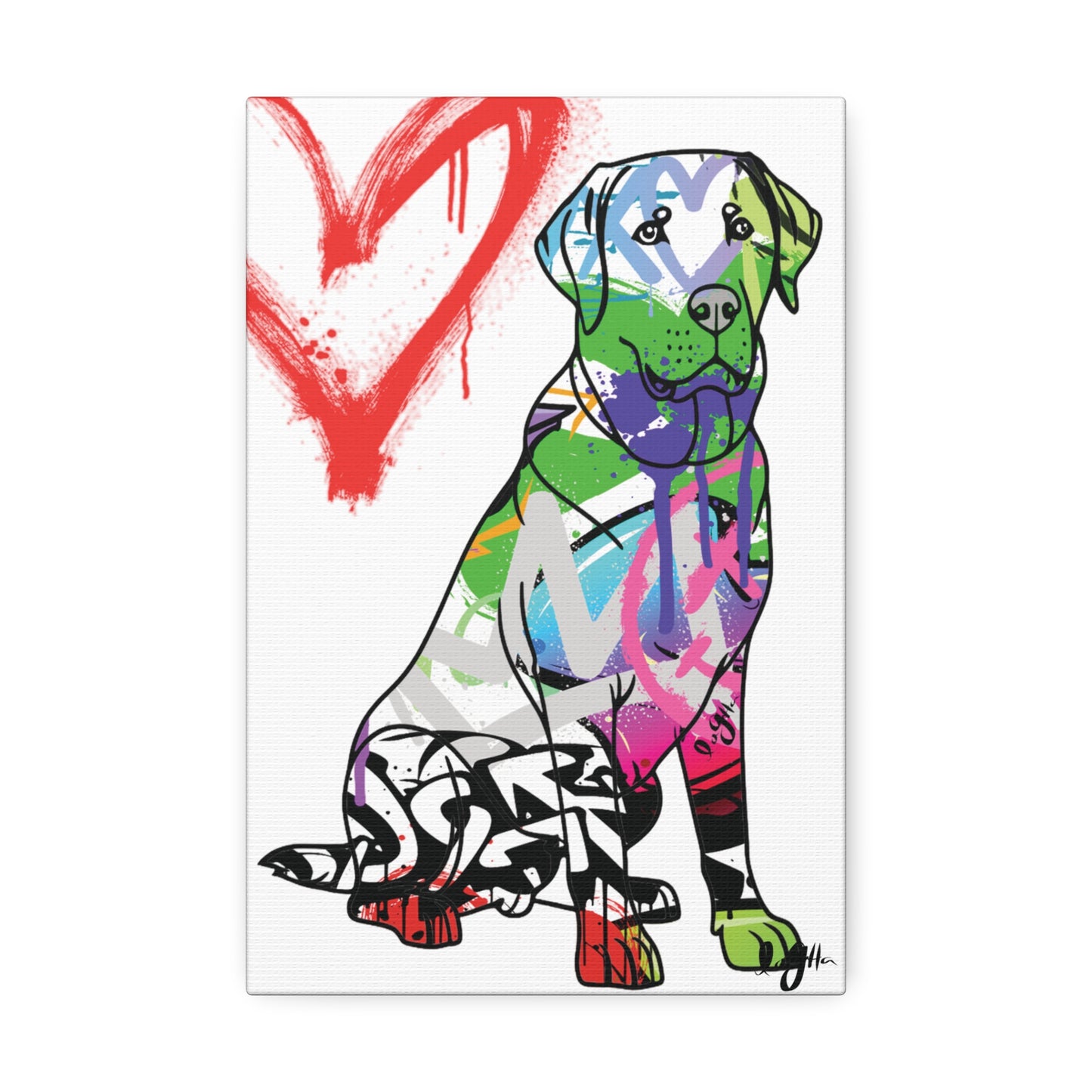 American Labrador depicted on vibrant graffiti canvas art, blending urban culture with classic canine imagery