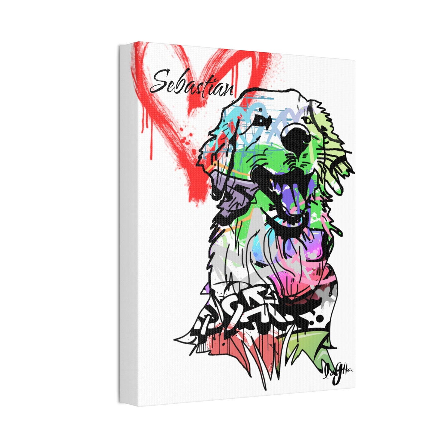 Golden Retriever depicted on vibrant graffiti canvas art, showcasing unique street-style creativity and pet portraiture.
