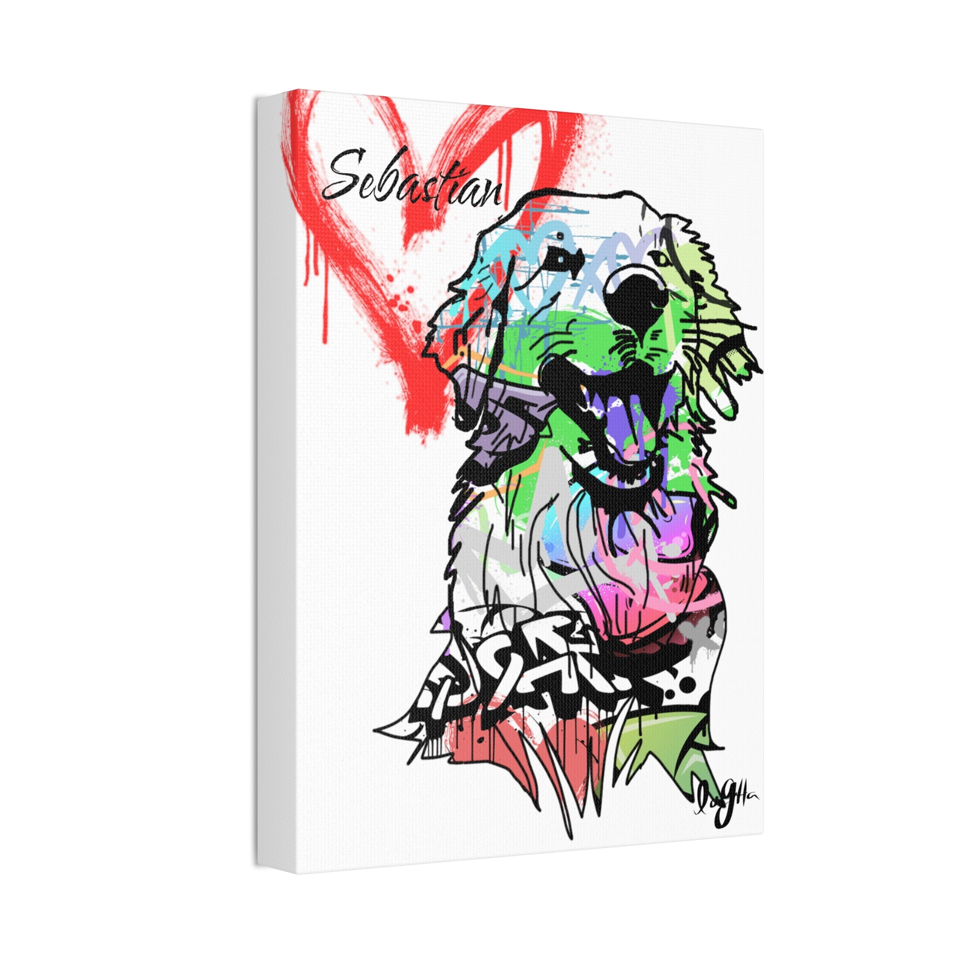 Golden Retriever depicted on vibrant graffiti canvas art, showcasing unique street-style creativity and pet portraiture.