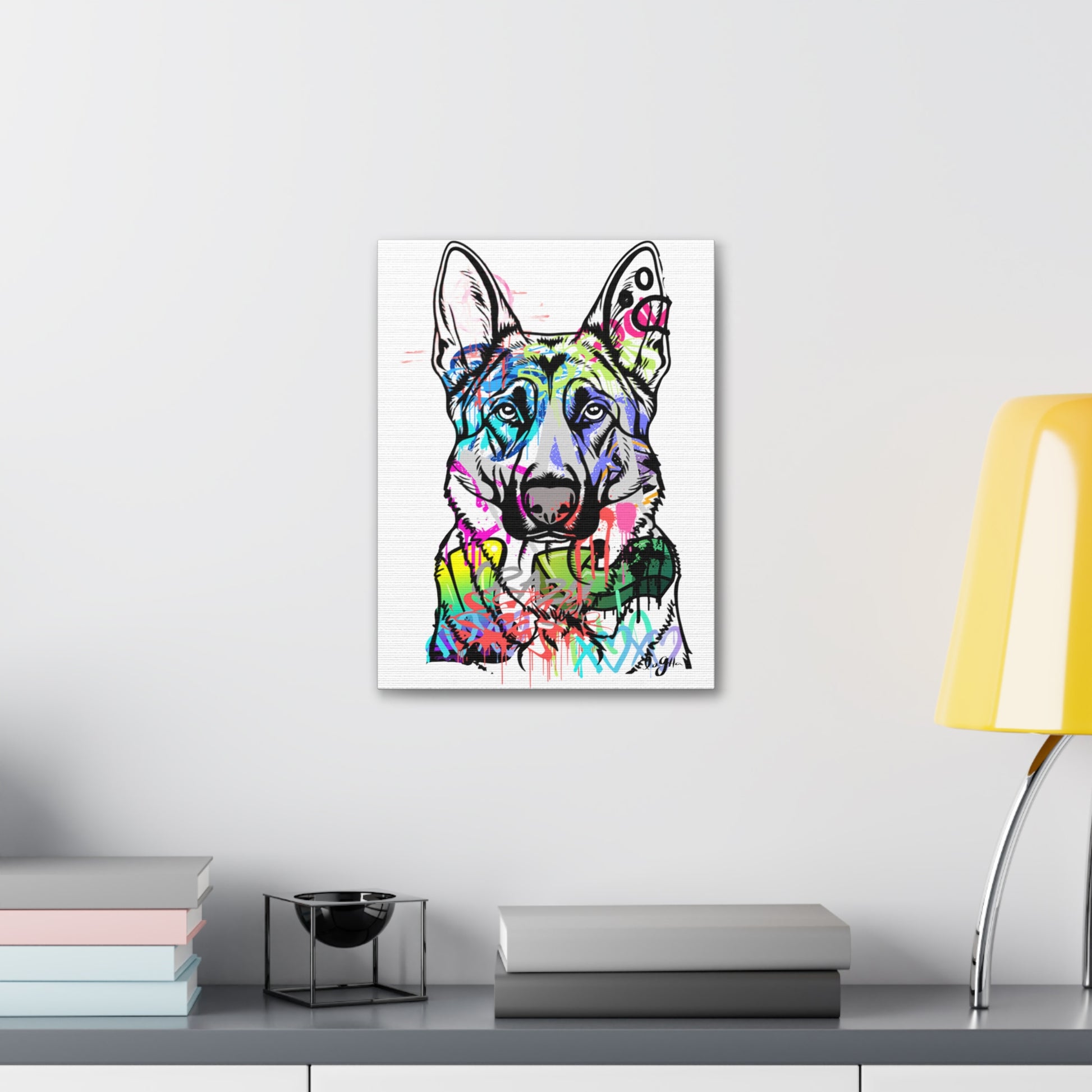 German Shepherd silhouette against colorful graffiti wall, showcasing urban street art and dog breed excellence