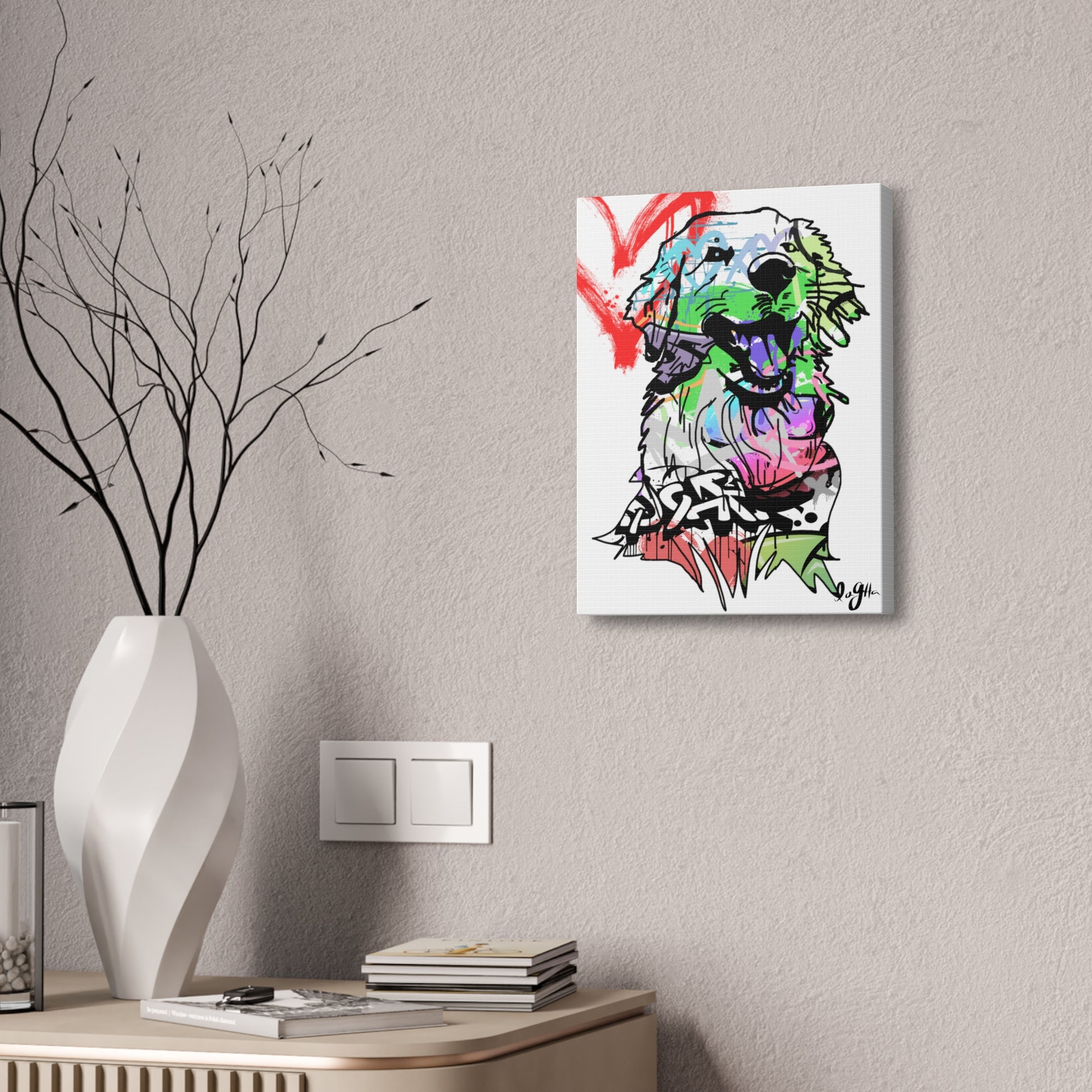 Golden Retriever depicted in vibrant graffiti art, showcasing urban creativity and the beloved dog breed.