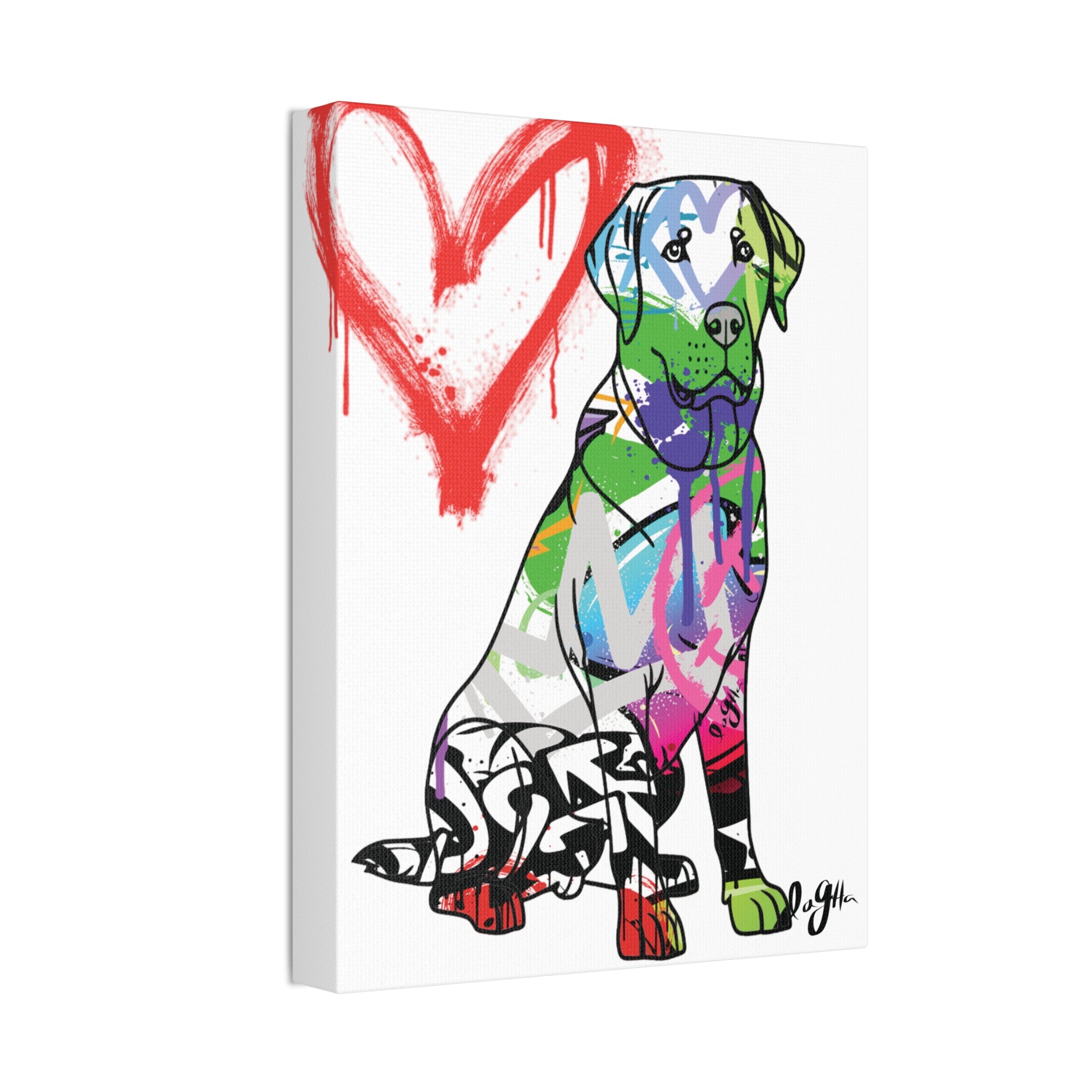American Labrador depicted on vibrant graffiti canvas art, blending urban culture with classic canine imagery
