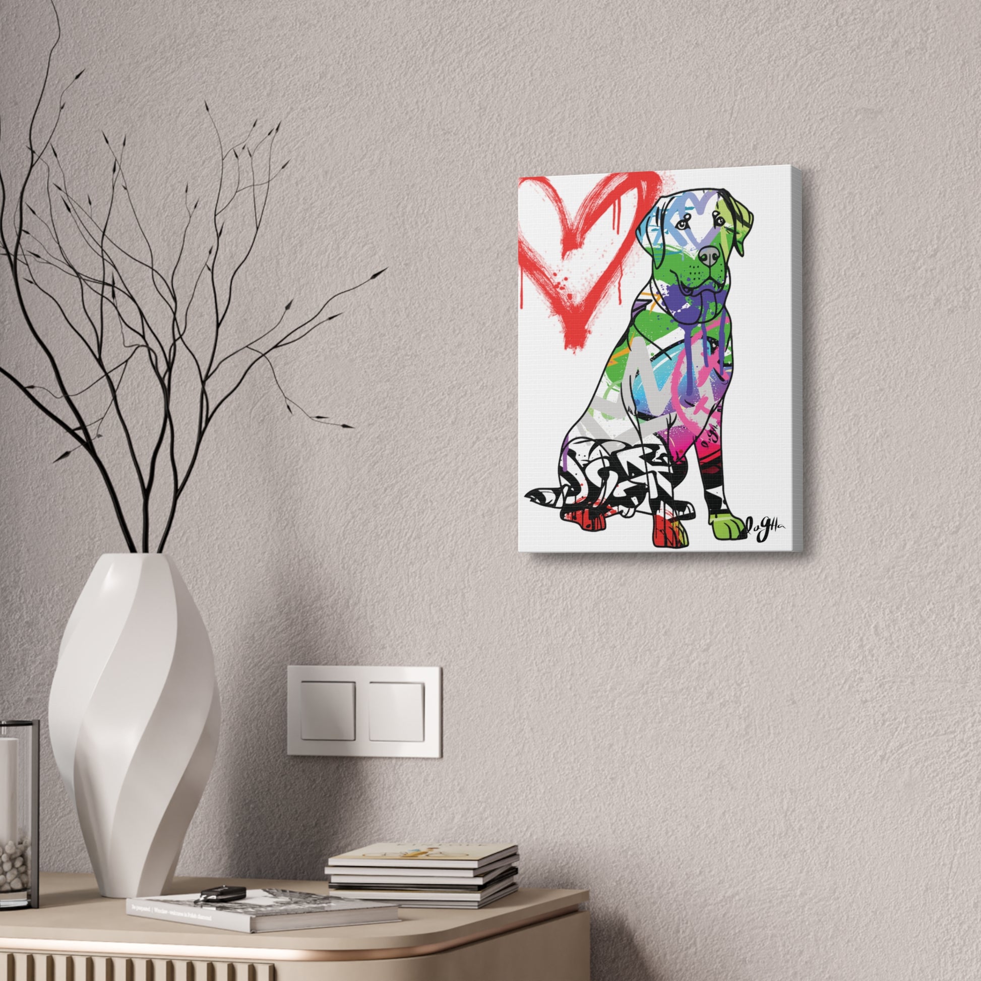 American Labrador depicted on vibrant graffiti canvas art, blending urban culture with classic canine imagery