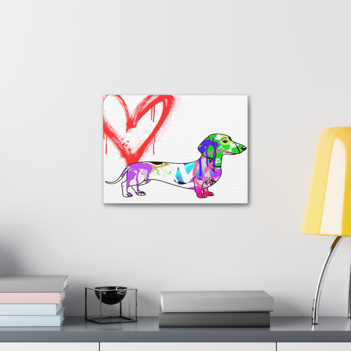 Dachshund silhouette painted in vibrant graffiti style on urban wall, showcasing unique street art culture