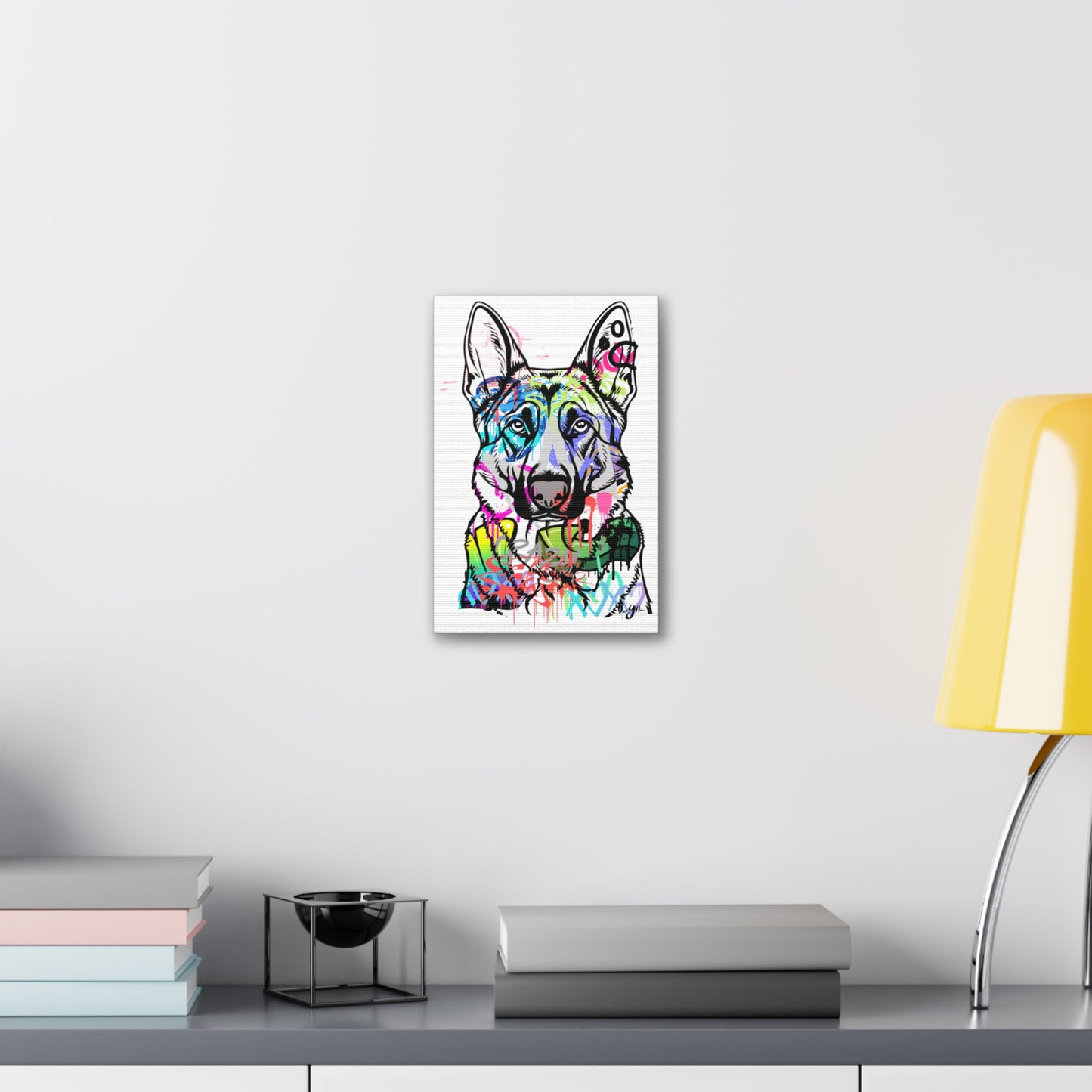 German Shepherd silhouette against colorful graffiti wall, showcasing urban street art and dog breed excellence