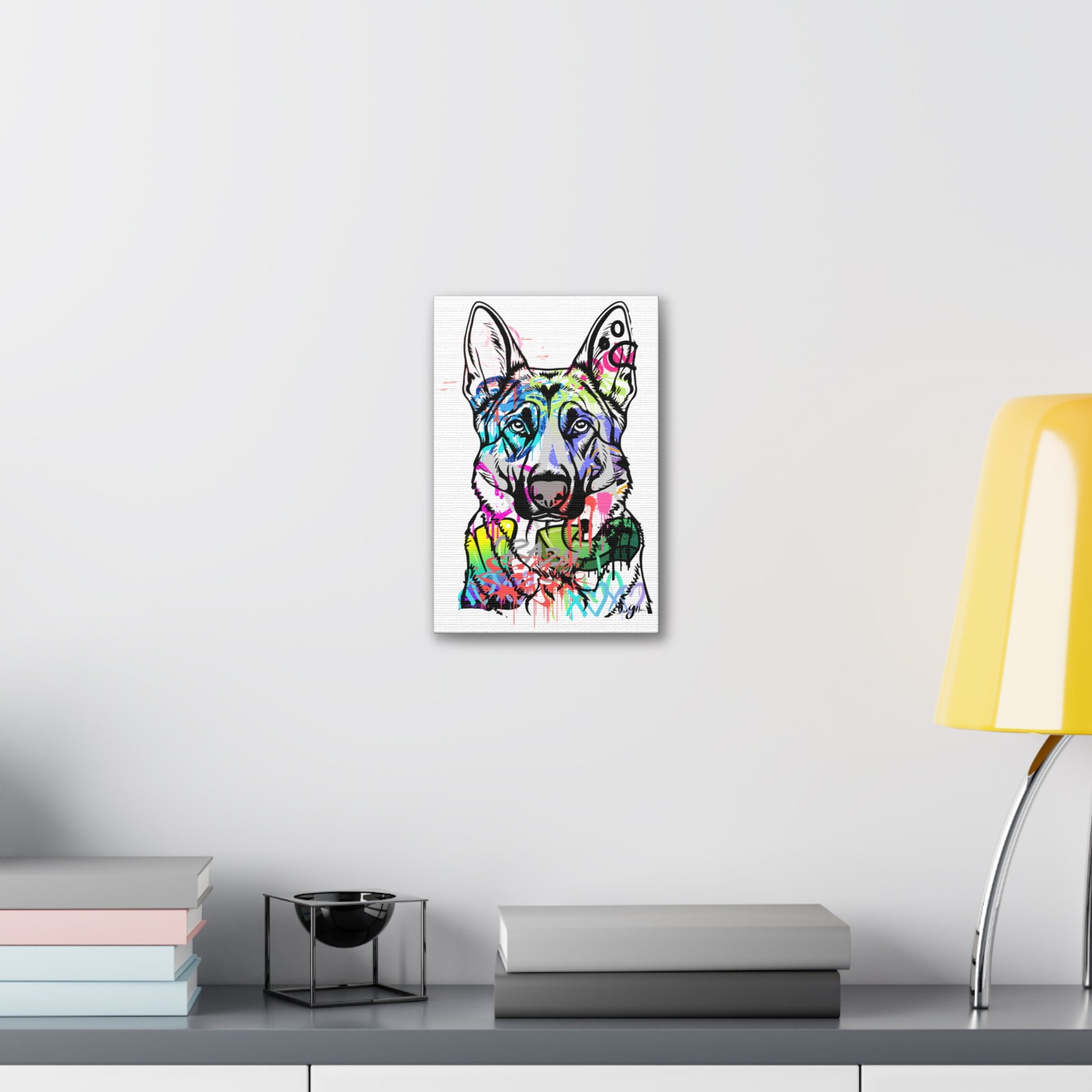 German Shepherd silhouette against colorful graffiti wall, showcasing urban street art and dog breed excellence