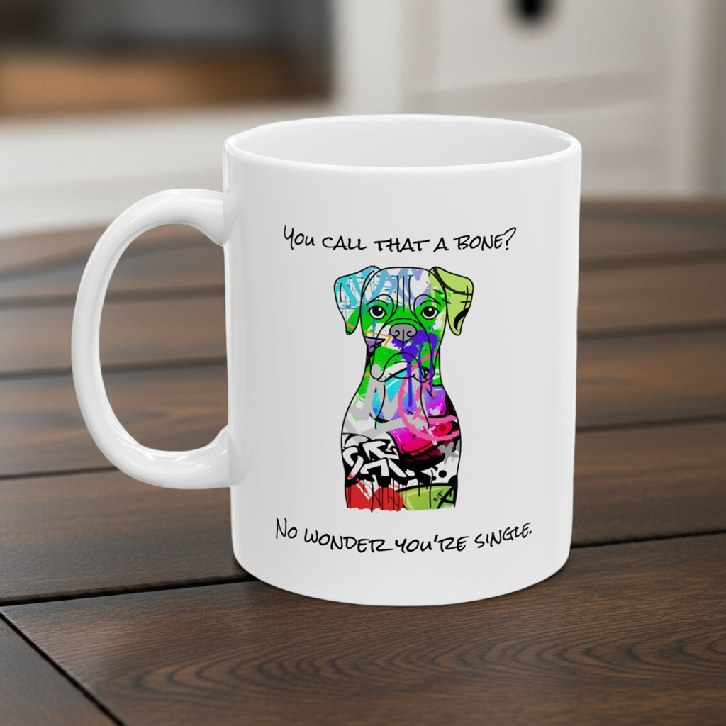Boxer Mug - Graffiti Street Art Dog Gift | 'You Call That a Bone? No Wonder Youre Single' | Unique Dog Lover Coffee Cup | Modern Pet Art - LaGrutta Art and Designs