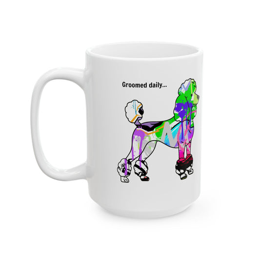 Poodle illustration on a mug with vibrant graffiti art, combining stylish design and urban street culture.