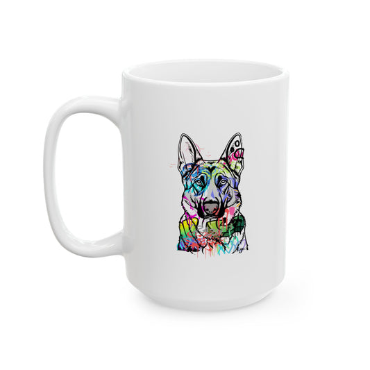 Graffiti art featuring a detailed German Shepherd in an urban street setting, showcasing vibrant colors and dynamic design.