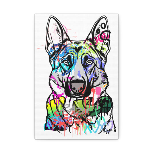 German Shepherd silhouette against colorful graffiti wall, showcasing urban street art and dog breed excellence