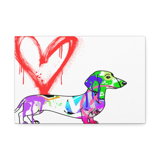 Dachshund silhouette painted in vibrant graffiti style on urban wall, showcasing unique street art culture
