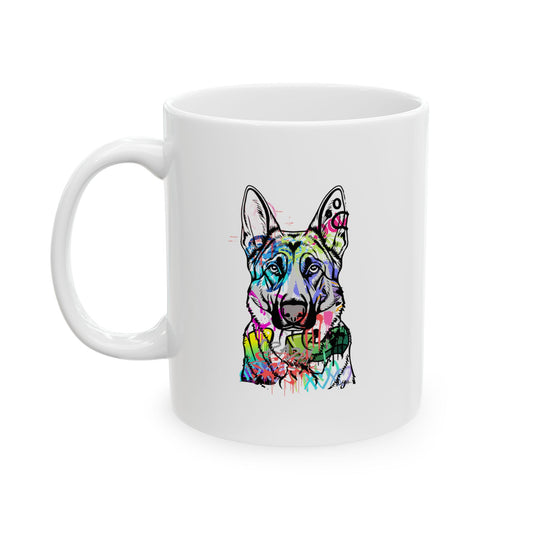 Graffiti art featuring a detailed German Shepherd in an urban street setting, showcasing vibrant colors and dynamic design.