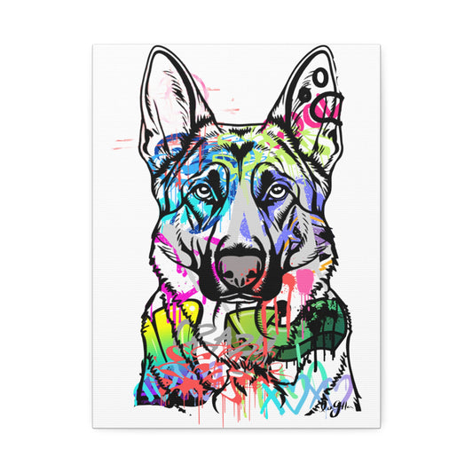 German Shepherd silhouette against colorful graffiti wall, showcasing urban street art and dog breed excellence