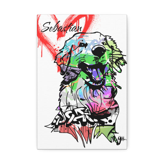 Golden Retriever depicted on vibrant graffiti canvas art, showcasing unique street-style creativity and pet portraiture.