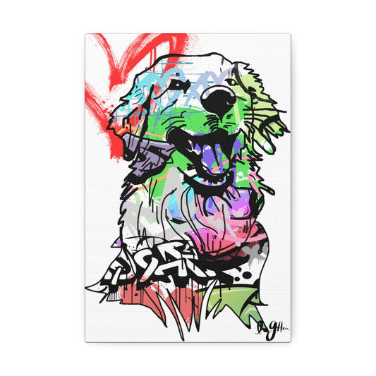 Golden Retriever depicted in vibrant graffiti art, showcasing urban creativity and the beloved dog breed.
