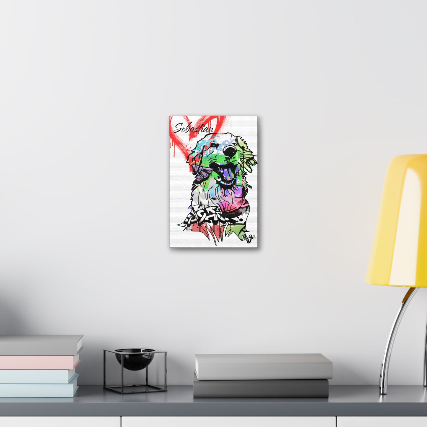Golden Retriever depicted on vibrant graffiti canvas art, showcasing unique street-style creativity and pet portraiture.