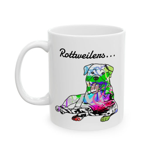 Rottweiler graffiti art on a ceramic mug showcasing detailed street style illustration