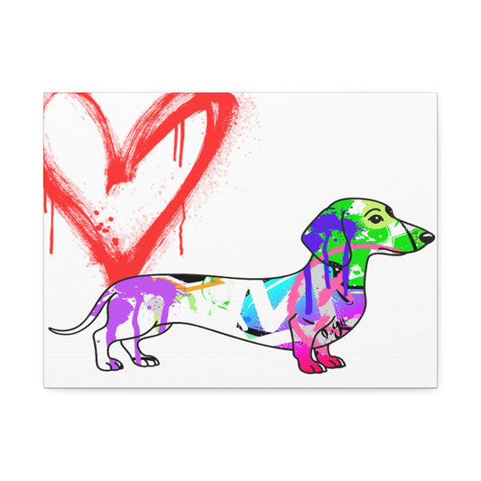 Dachshund silhouette painted in vibrant graffiti style on urban wall, showcasing unique street art culture