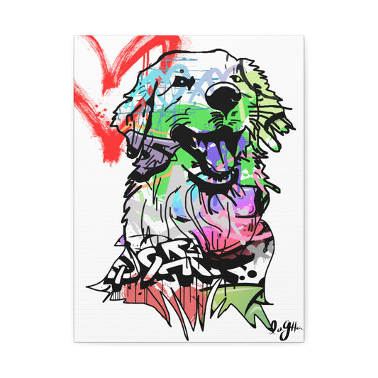 Golden Retriever depicted in vibrant graffiti art, showcasing urban creativity and the beloved dog breed.