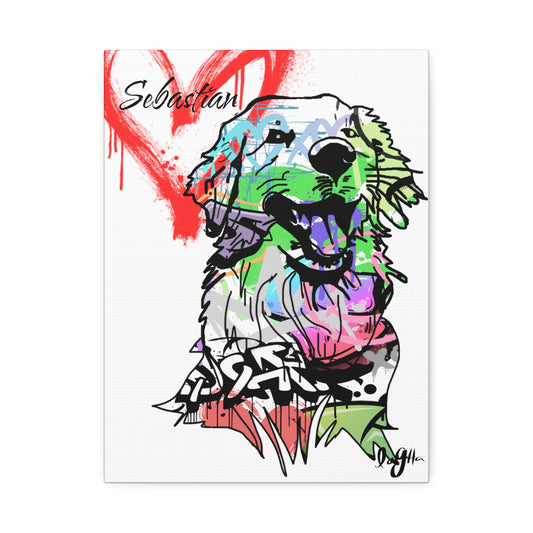 Golden Retriever depicted on vibrant graffiti canvas art, showcasing unique street-style creativity and pet portraiture.