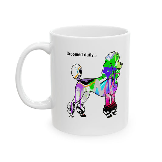 Poodle illustration on a mug with vibrant graffiti art, combining stylish design and urban street culture.